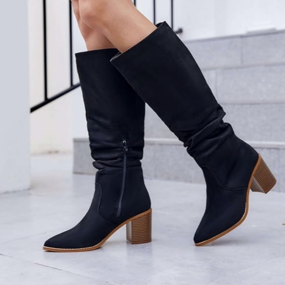 Womens Pointed Toe Mid Chunky Heel Side Zipper Knee High Boots Tall Booties - Picture 1 of 8